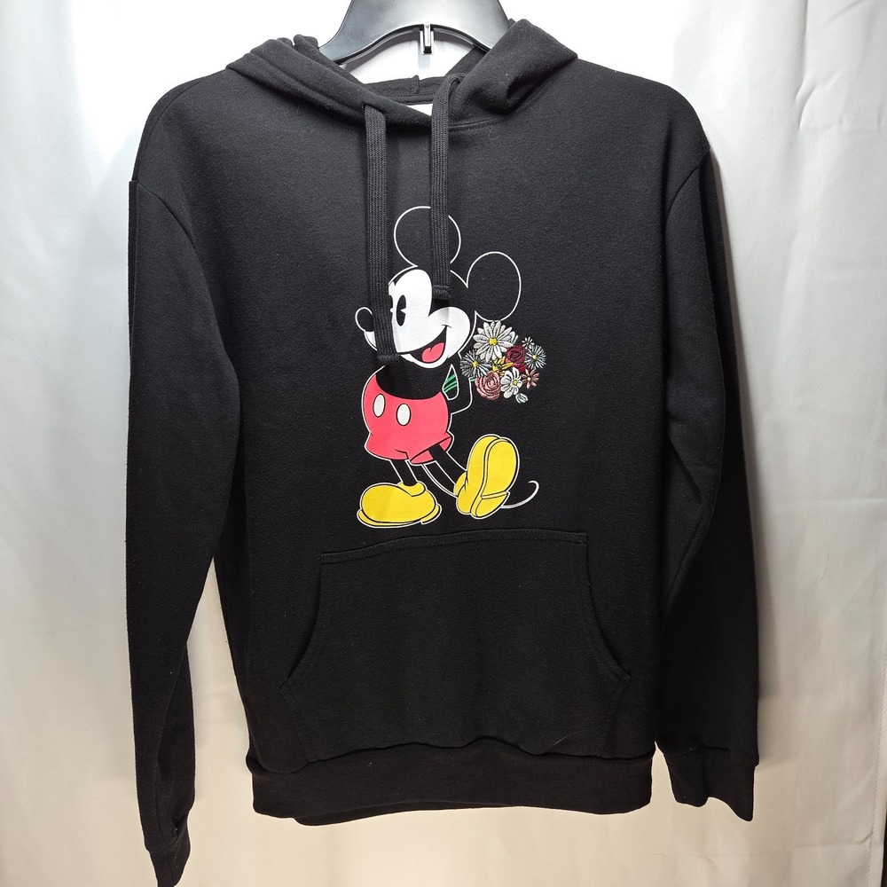 Disney Women's Size Med Mickey Mouse Black‎ Embroidered Flowers Hoodie
